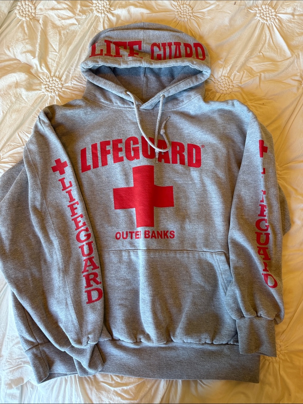 Gray Lifeguard Hoodie with Red “lifeguard” Print throughout - Women L Hoodie